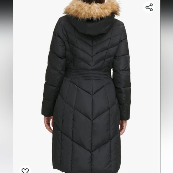 Cole Haan signature Black Long Taffeta Down Coat chevron quilt pattern size M. - Picture 2 of 9